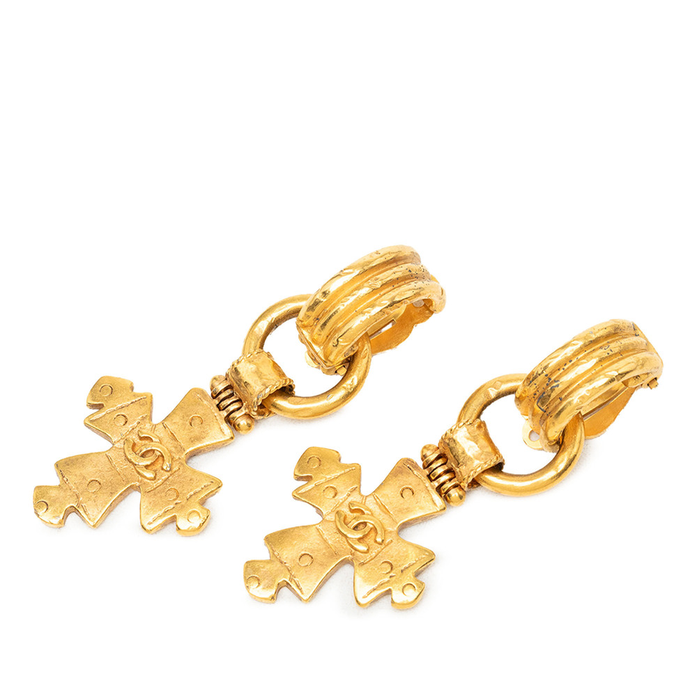 Pre-Loved Chanel CC Gold Plated Cross Drop Clip On Earrings